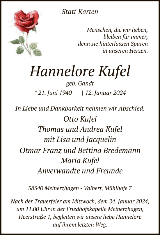 Todesanzeige von Hannelore Kufel von WA