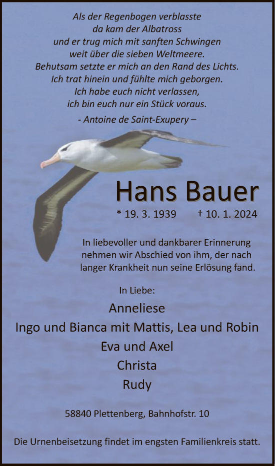 Todesanzeige von Hans Bauer von WA