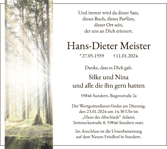 Todesanzeige von Hans-Dieter Meister von WA