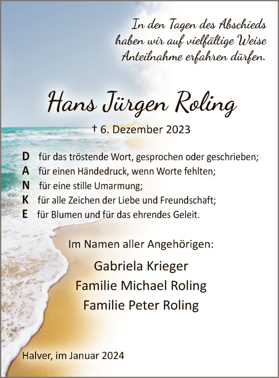 Todesanzeige von Hans Jürgen Roling von WA