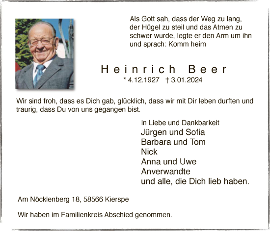 Todesanzeige von Heinrich Beer von WA