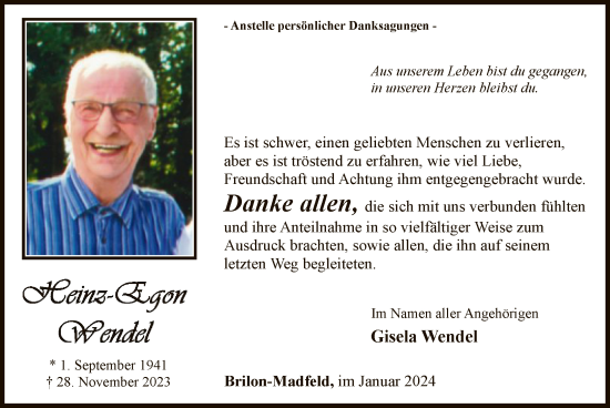 Todesanzeige von Heinz-Egon Wendel von WA