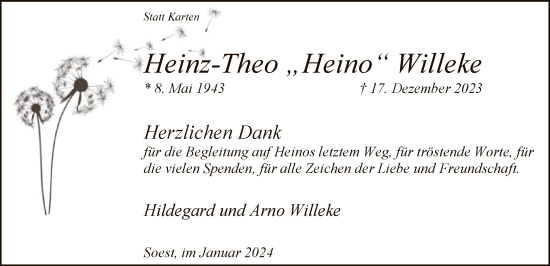 Todesanzeige von Heinz-Theo Willeke von WA