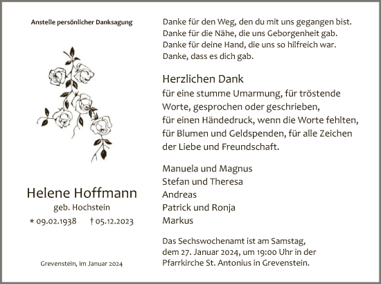 Todesanzeige von Helene Hoffmann von WA