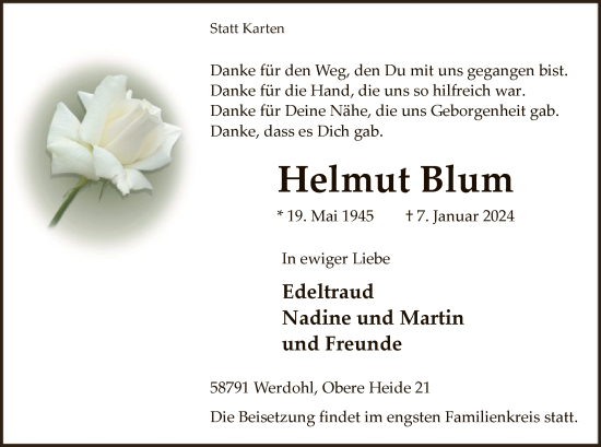 Todesanzeige von Helmut Blum von WA