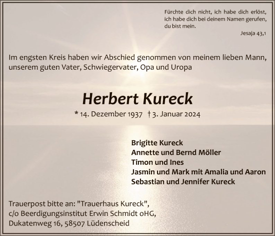 Todesanzeige von Herbert Kureck von WA