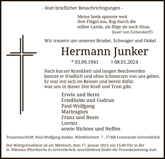 Todesanzeige von Hermann Junker von WA
