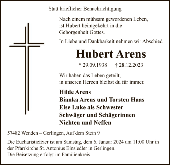 Todesanzeige von Hubert Arens von WA