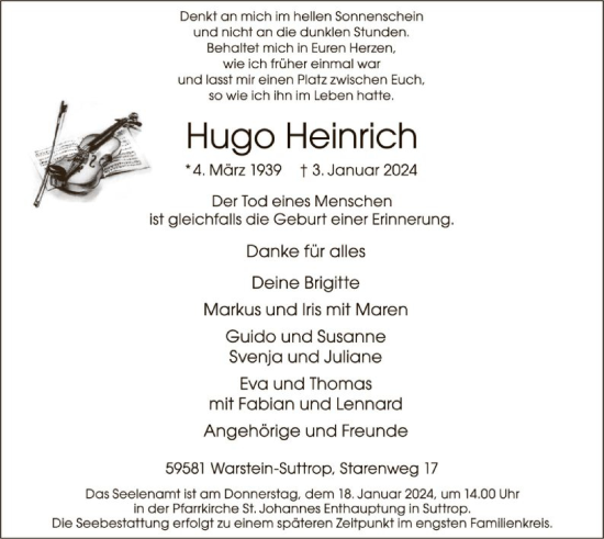 Todesanzeige von Hugo Heinrich von WA