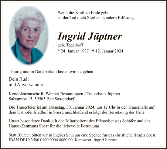 Todesanzeige von Ingrid Jüptner von WA