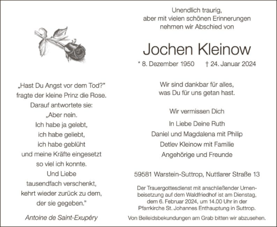 Todesanzeige von Jochen Kleinow von WA