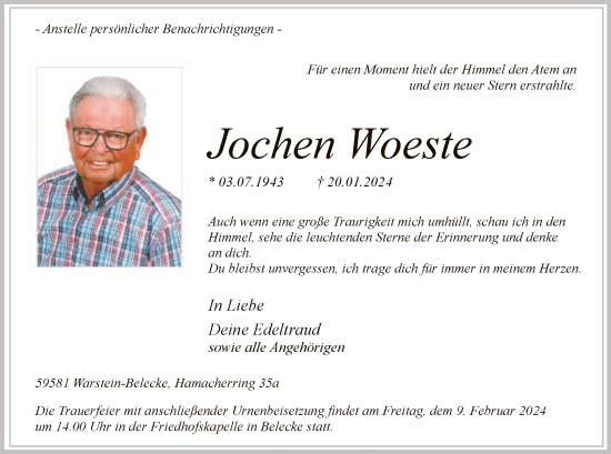 Todesanzeige von Jochen Woeste von WA