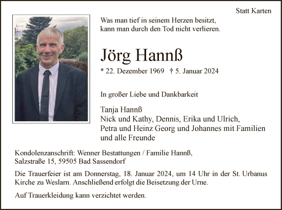 Todesanzeige von Jörg Hannß von WA