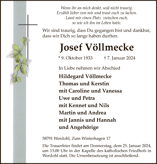 Todesanzeige von Josef Völlmecke von WA