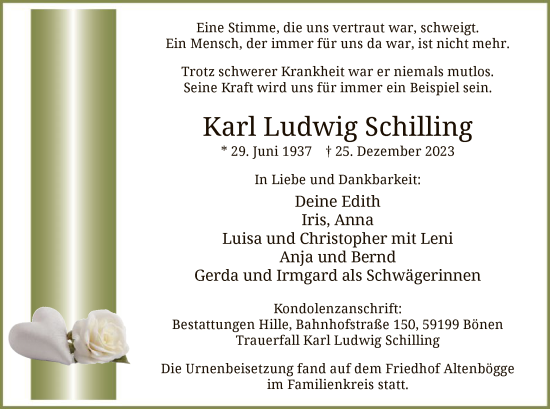 Todesanzeige von Karl Ludwig Schilling von WA