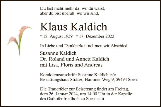 Todesanzeige von Klaus Kaldich von WA