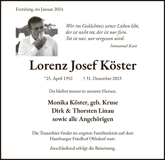 Todesanzeige von Lorenz Josef Köster von WA