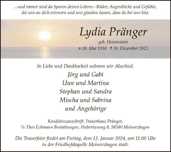 Todesanzeige von Lydia Pränger von WA