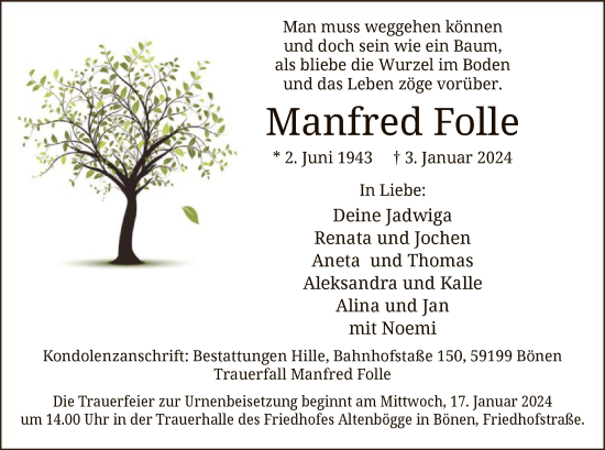 Todesanzeige von Manfred Folle von WA