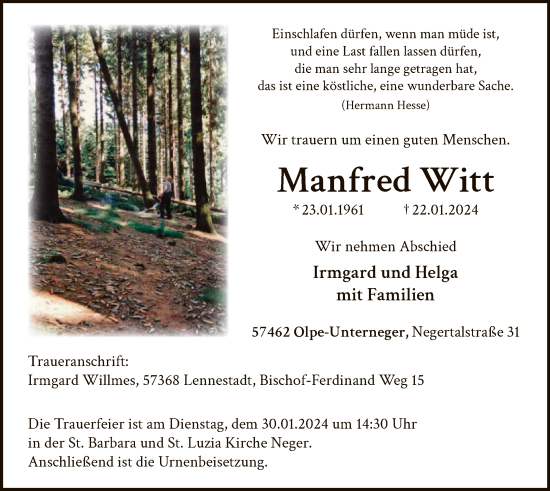 Todesanzeige von Manfred Witt von WA