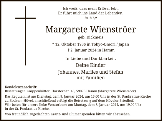Todesanzeige von Margarete Wienströer von WA