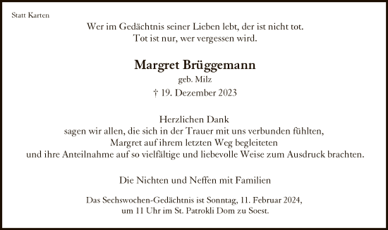 Todesanzeige von Margret Brüggemann von WA