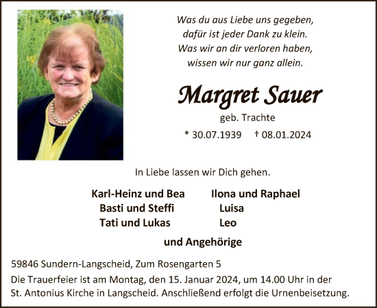Todesanzeige von Margret Sauer von WA