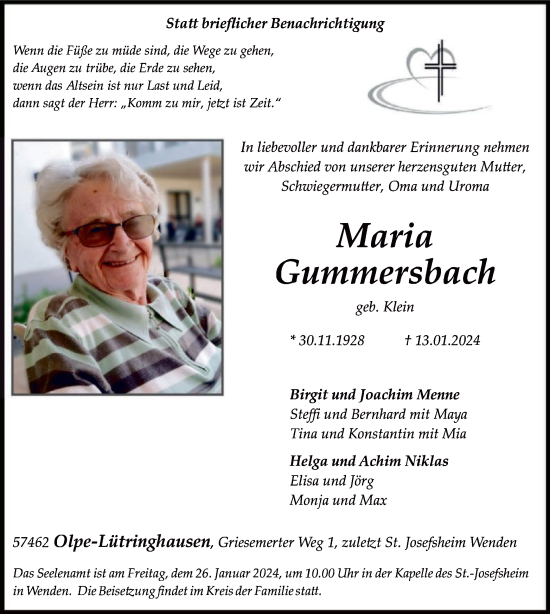 Todesanzeige von Maria Gummersbach von WA