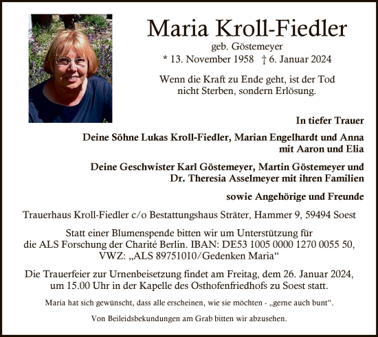 Todesanzeige von Maria Kroll-Fiedler von WA
