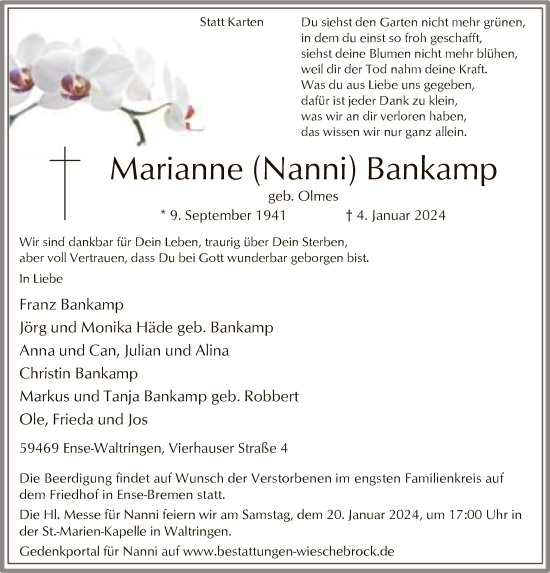 Todesanzeige von Marianne Bankamp von WA