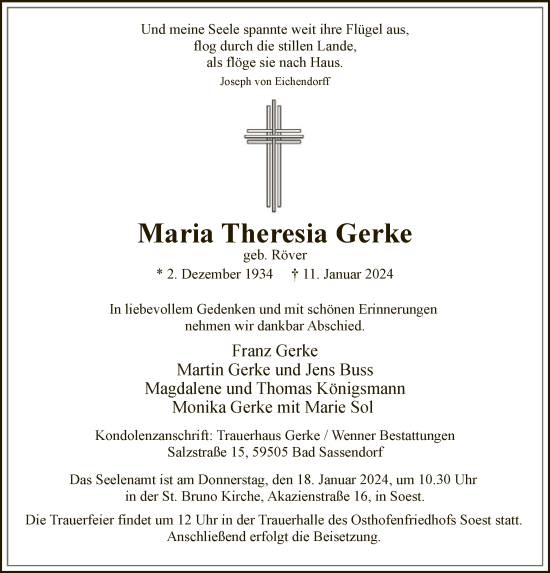 Todesanzeige von Maria Theresia Gerke von WA
