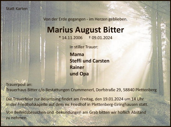 Todesanzeige von Marius August Bitter von WA