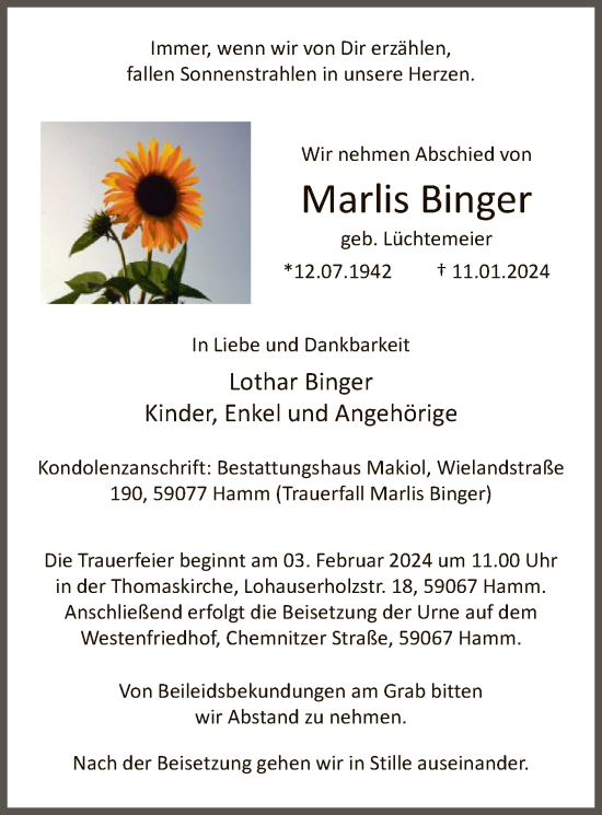 Todesanzeige von Marlis Binger von WA