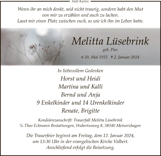 Todesanzeige von Melitta Lüsebrink von WA