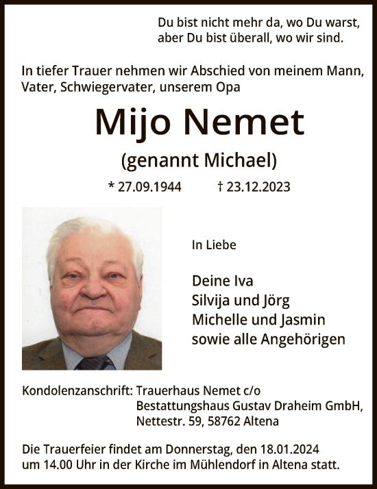 Todesanzeige von Mijo Nemet von WA