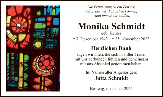 Todesanzeige von Monika Schmidt von WA