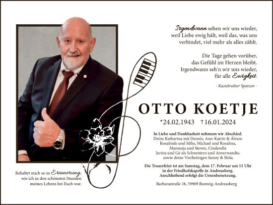Todesanzeige von Otto Koetje von WA