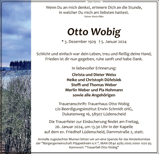 Todesanzeige von Otto Wobig von WA