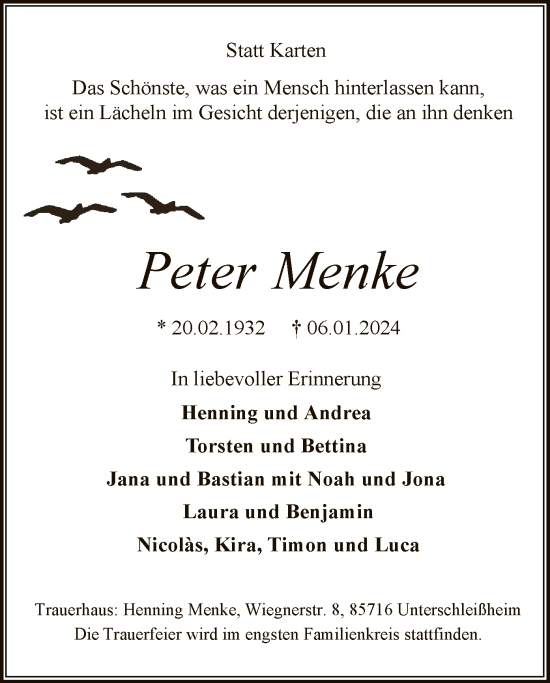 Todesanzeige von Peter Menke von WA