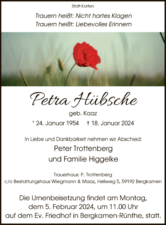 Todesanzeige von Petra Hübsche von WA