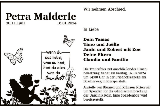 Todesanzeige von Petra Malderle von WA