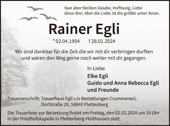 Todesanzeige von Rainer Egli von WA
