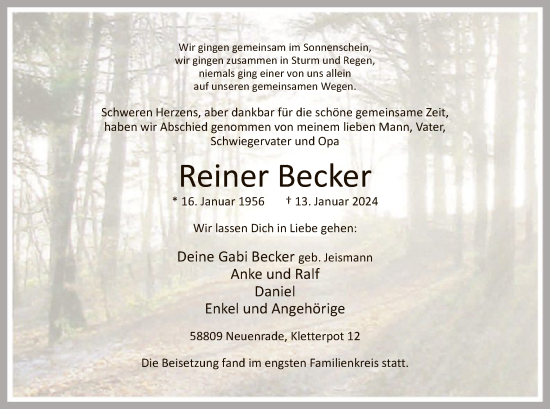 Todesanzeige von Reiner Becker von WA