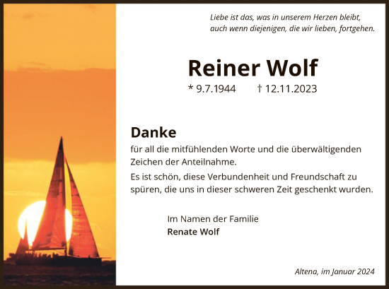 Todesanzeige von Reiner Wolf von WA