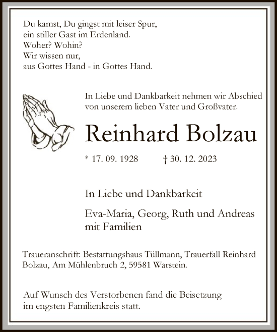 Todesanzeige von Reinhard Bolzau von WA