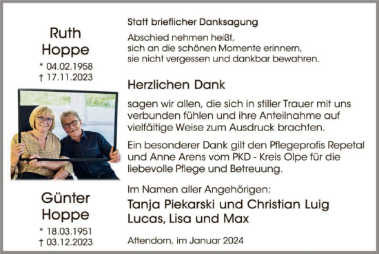 Todesanzeige von Ruth und Günter Hoppe von WA