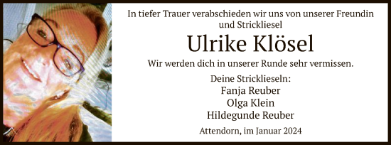 Todesanzeige von Ulrike Klösel von WA