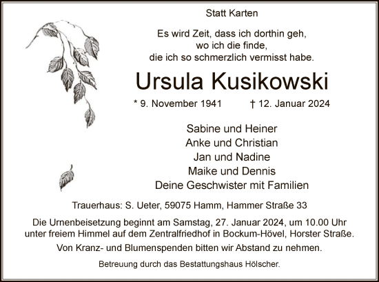 Todesanzeige von Ursula Kusikowski von WA