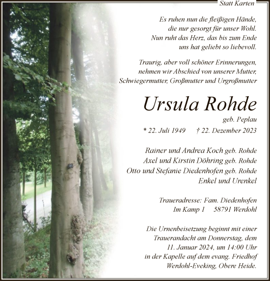 Todesanzeige von Ursula Rohde von WA