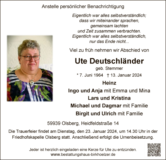 Todesanzeige von Ute Deutschländer von WA